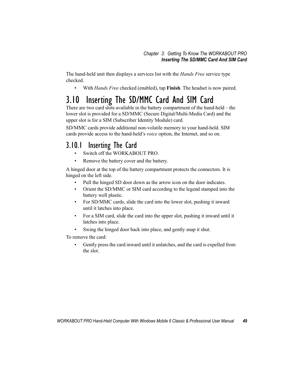 10 inserting the sd/mmc card and sim card, 1 inserting the card | Psion Teklogix ISO 9001 User Manual | Page 67 / 360