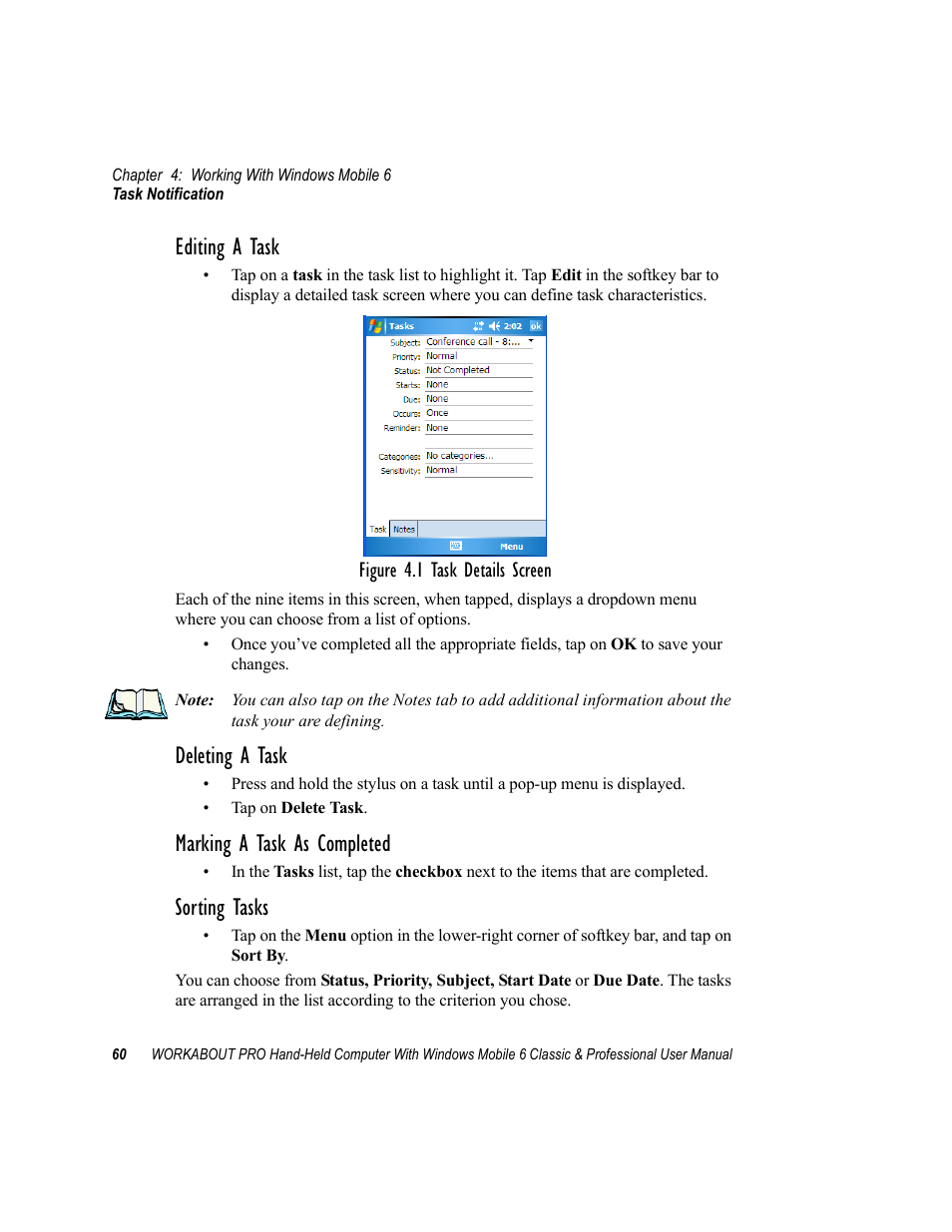 Editing a task, Deleting a task, Marking a task as completed | Sorting tasks | Psion Teklogix ISO 9001 User Manual | Page 78 / 360