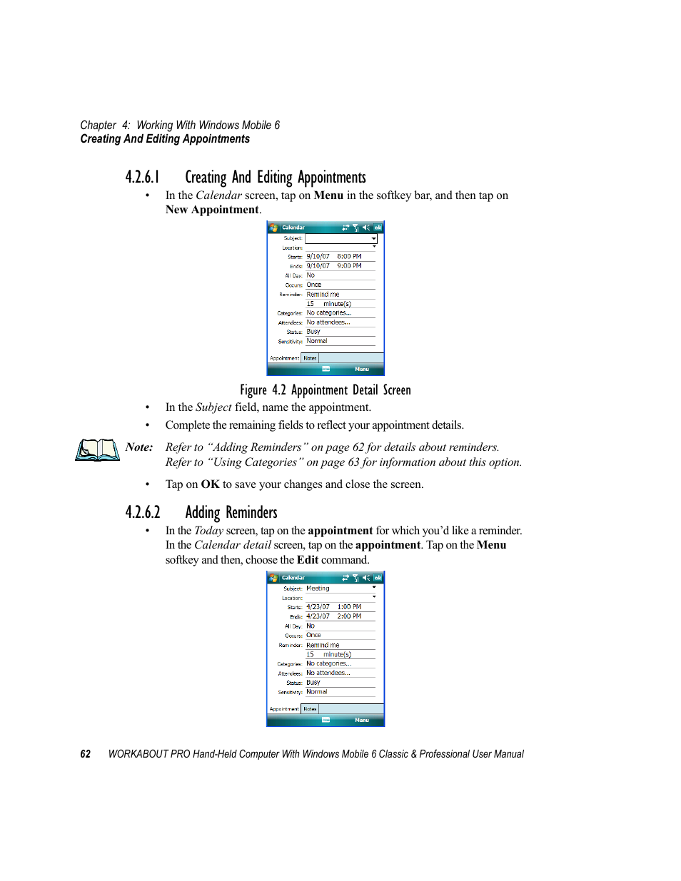 1 creating and editing appointments, 2 adding reminders, Creating and editing appointments | Adding reminders | Psion Teklogix ISO 9001 User Manual | Page 80 / 360