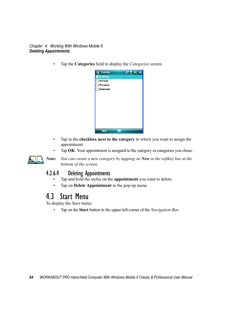 4 deleting appointments, 3 start menu, Deleting appointments | Psion Teklogix ISO 9001 User Manual | Page 82 / 360