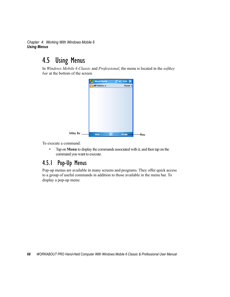 5 using menus, 1 pop-up menus, Using menus | Psion Teklogix ISO 9001 User Manual | Page 86 / 360