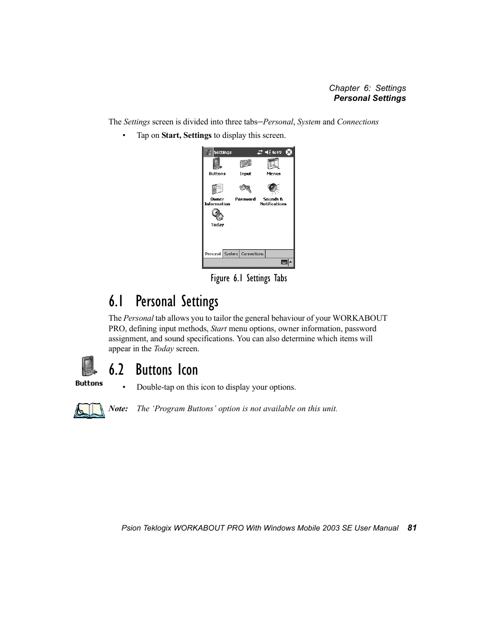 1 personal settings, 2 buttons icon, Personal settings | 1 personal settings 6.2 buttons icon | Psion Teklogix Schnellstart- Anleitung 7525 User Manual | Page 111 / 364