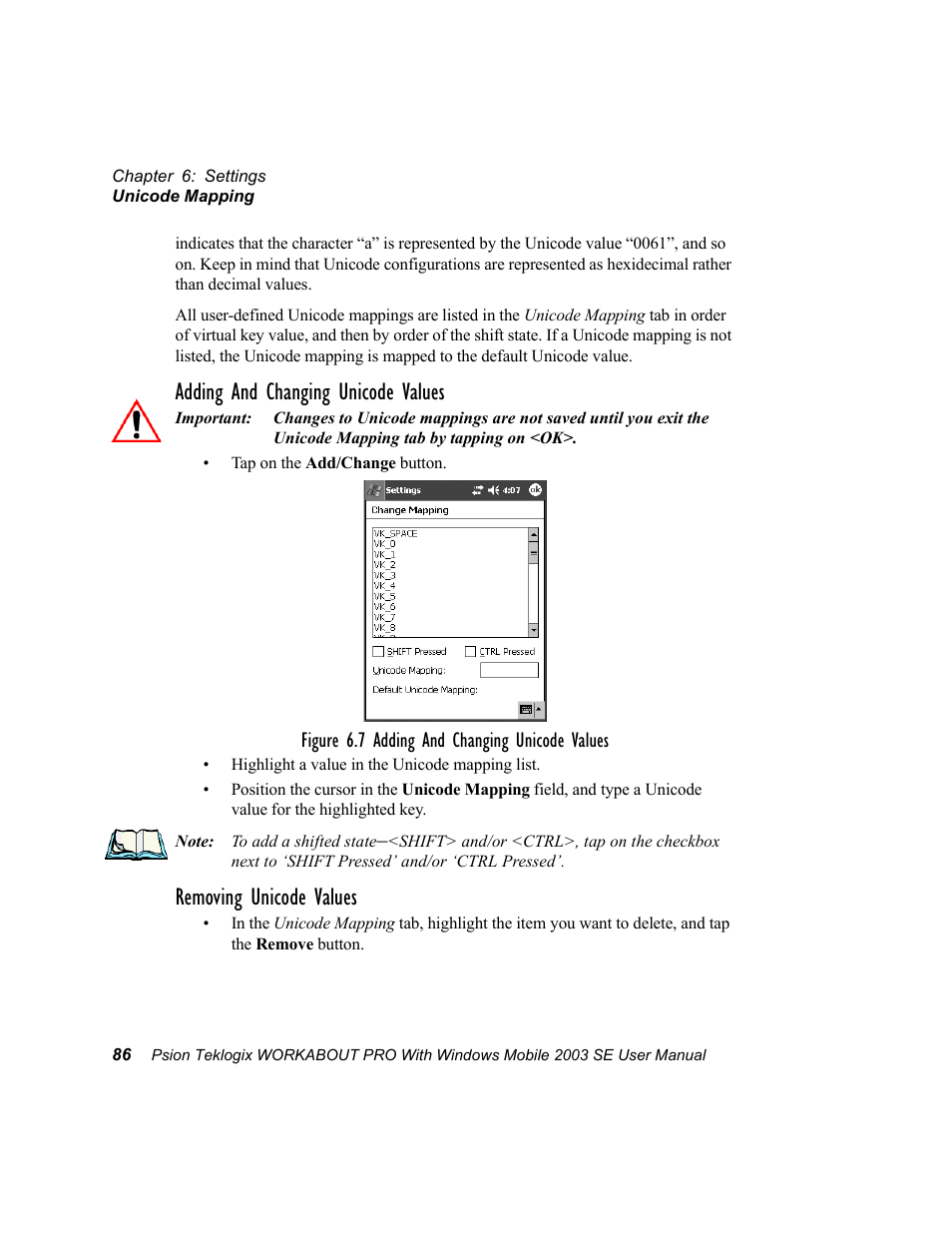 Adding and changing unicode values, Removing unicode values | Psion Teklogix Schnellstart- Anleitung 7525 User Manual | Page 116 / 364