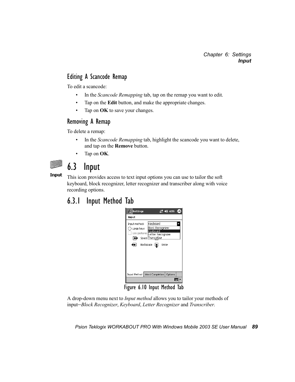 3 input, 1 input method tab, Editing a scancode remap | Removing a remap | Psion Teklogix Schnellstart- Anleitung 7525 User Manual | Page 119 / 364