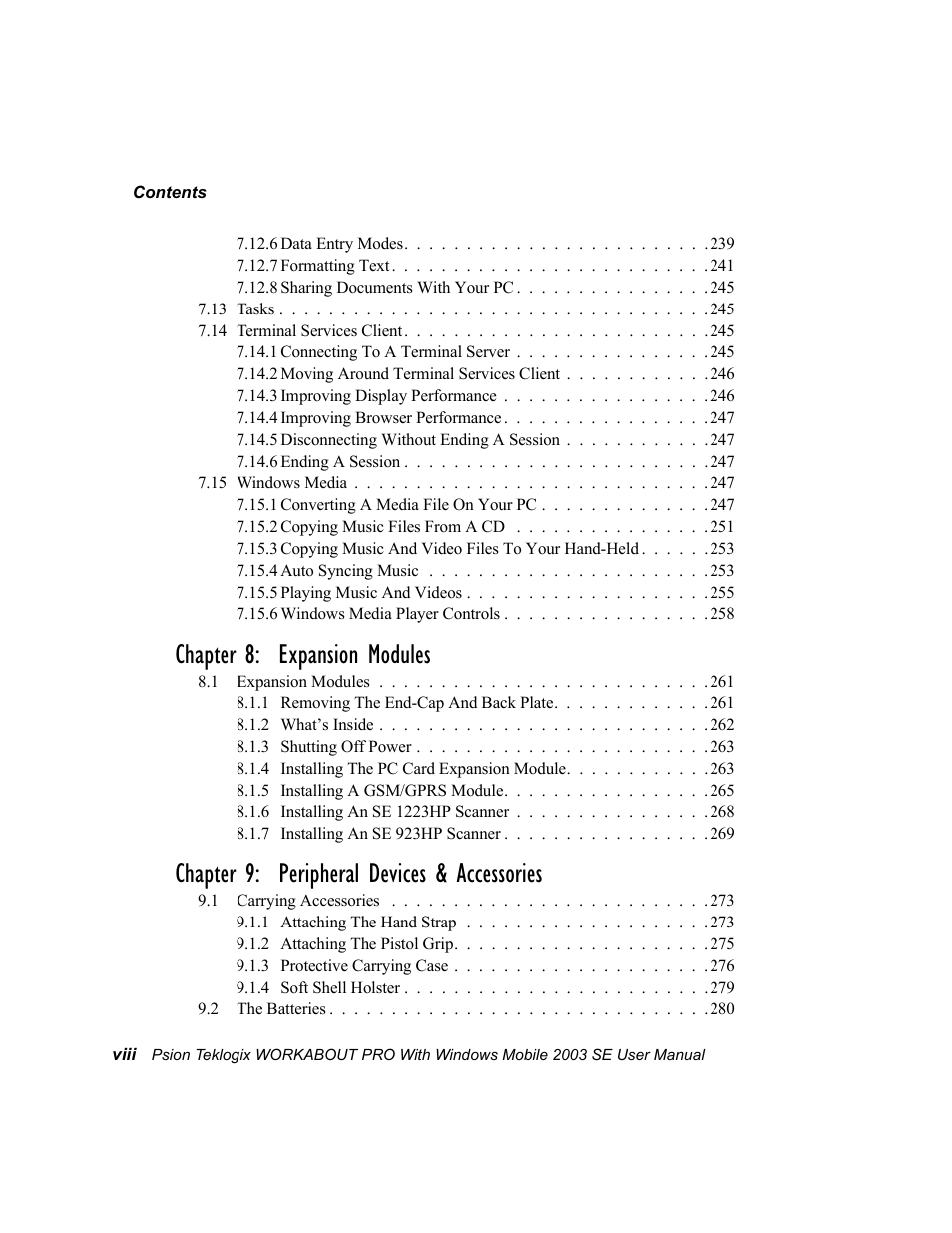 Chapter 8: expansion modules, Chapter 9: peripheral devices & accessories | Psion Teklogix Schnellstart- Anleitung 7525 User Manual | Page 12 / 364