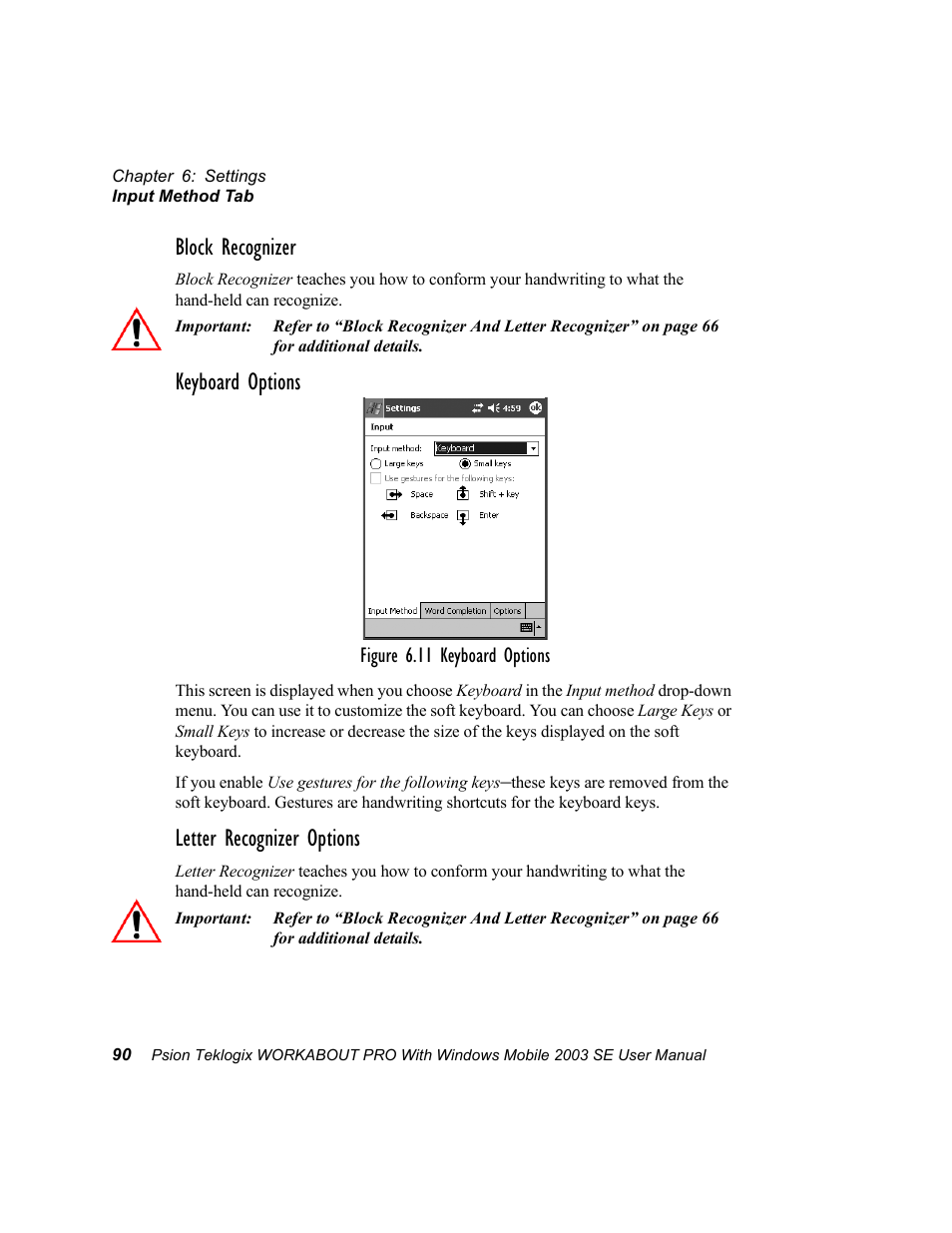 Block recognizer, Keyboard options, Letter recognizer options | Psion Teklogix Schnellstart- Anleitung 7525 User Manual | Page 120 / 364