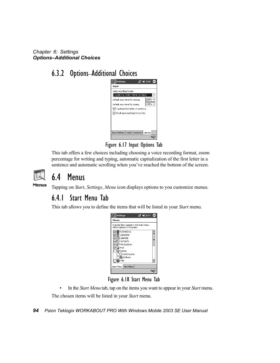 2 options-additional choices, 4 menus, 1 start menu tab | 2 options–additional choices, 2 options, Additional choices | Psion Teklogix Schnellstart- Anleitung 7525 User Manual | Page 124 / 364