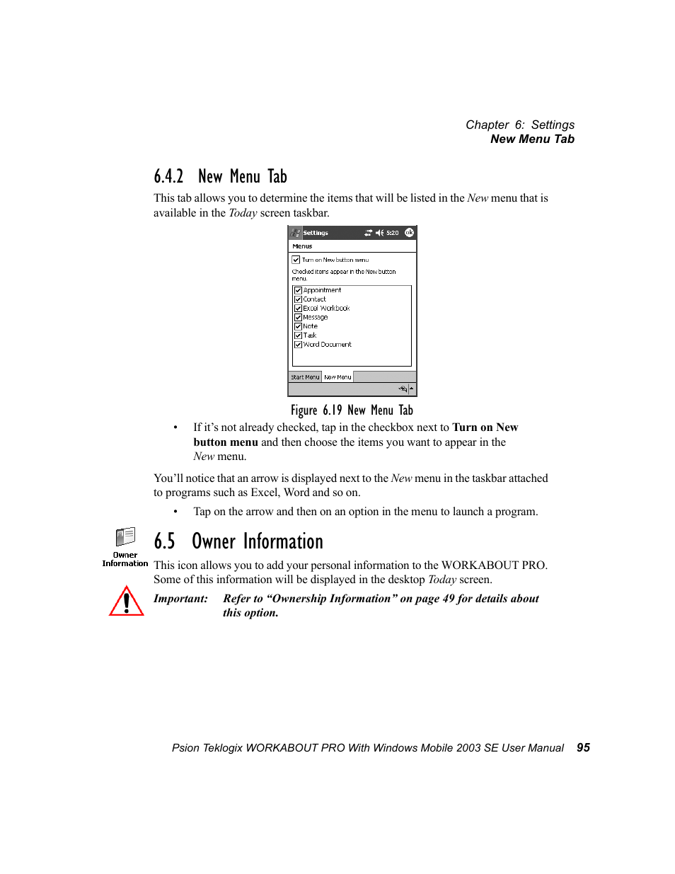 2 new menu tab, 5 owner information | Psion Teklogix Schnellstart- Anleitung 7525 User Manual | Page 125 / 364