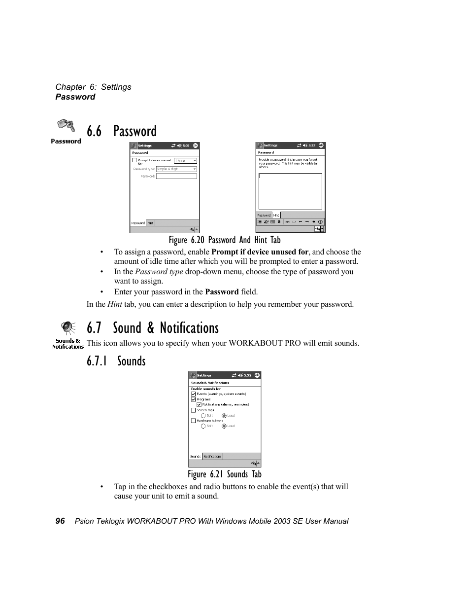 6 password, 7 sound & notifications, 1 sounds | 6 password 6.7 sound & notifications | Psion Teklogix Schnellstart- Anleitung 7525 User Manual | Page 126 / 364