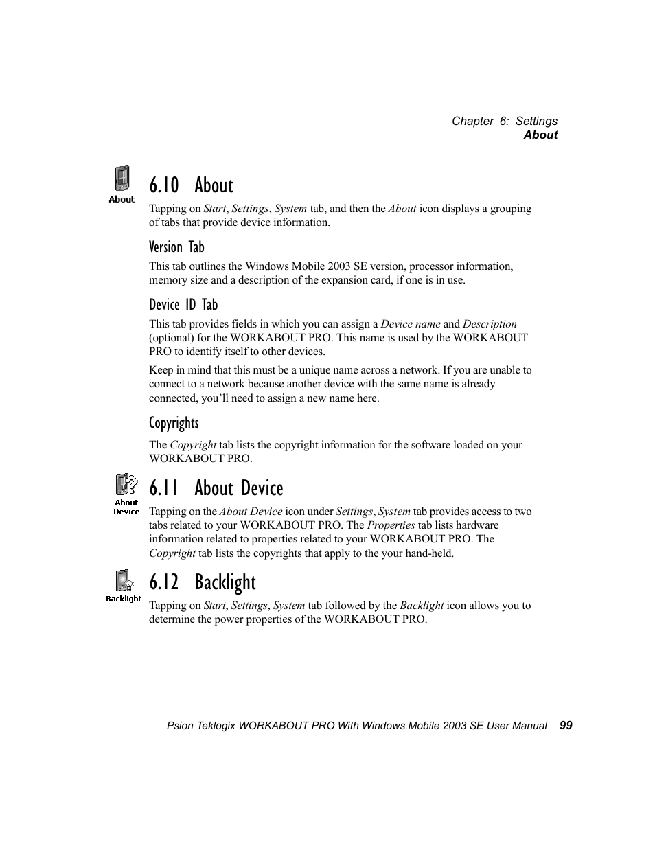 10 about, 11 about device, 12 backlight | 10 about 6.11 about device 6.12 backlight | Psion Teklogix Schnellstart- Anleitung 7525 User Manual | Page 129 / 364