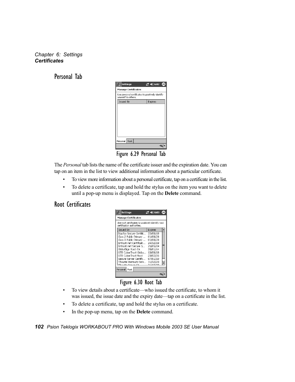 Personal tab, Root certificates | Psion Teklogix Schnellstart- Anleitung 7525 User Manual | Page 132 / 364