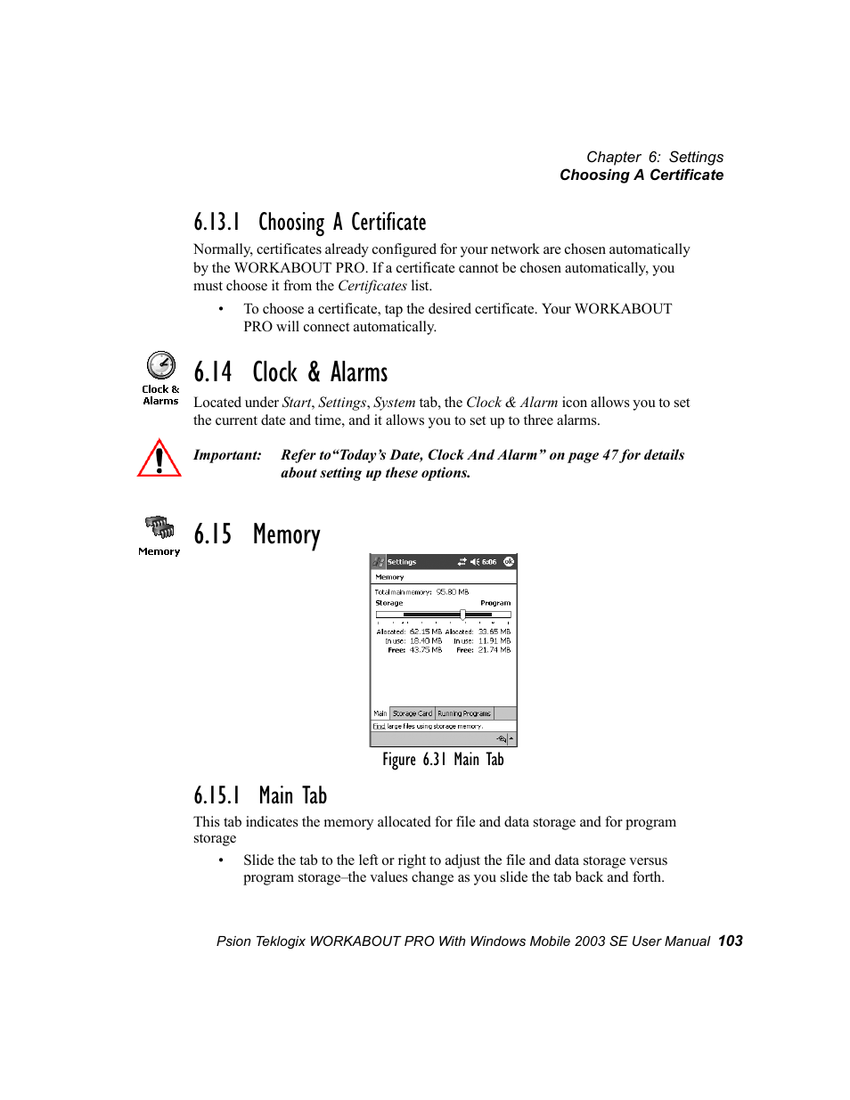 1 choosing a certificate, 14 clock & alarms, 15 memory | 1 main tab, 14 clock & alarms 6.15 memory | Psion Teklogix Schnellstart- Anleitung 7525 User Manual | Page 133 / 364