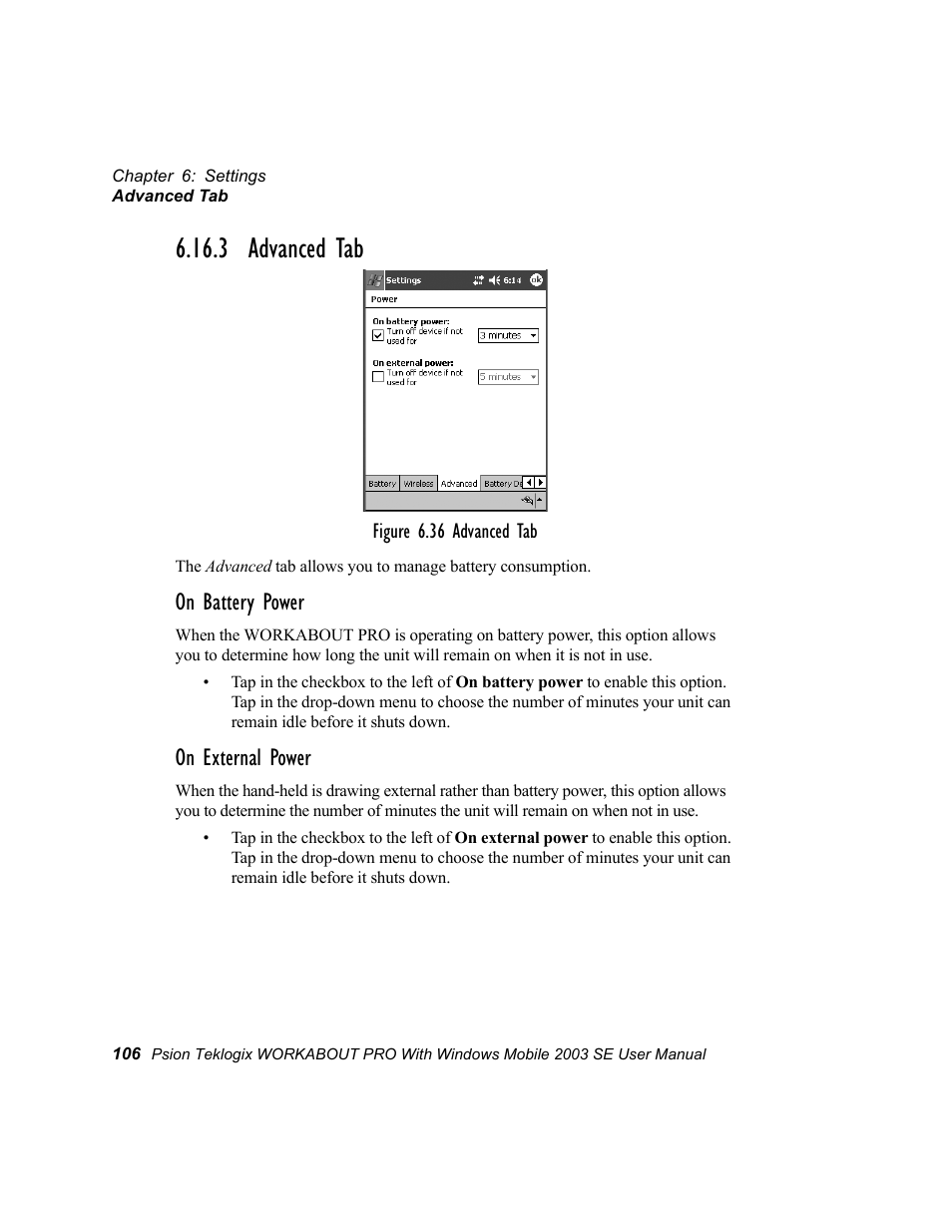 3 advanced tab, On battery power, On external power | Psion Teklogix Schnellstart- Anleitung 7525 User Manual | Page 136 / 364