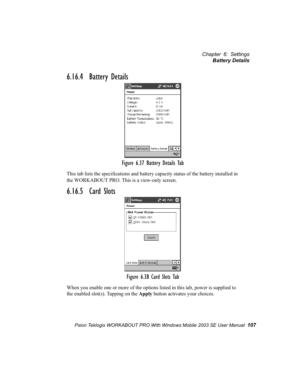 4 battery details, 5 card slots, 4 battery details 6.16.5 card slots | Psion Teklogix Schnellstart- Anleitung 7525 User Manual | Page 137 / 364