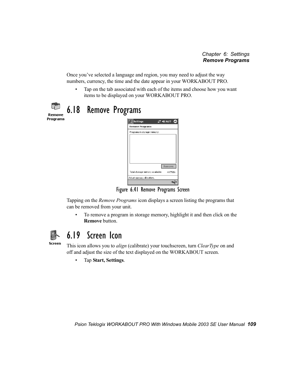 18 remove programs, 19 screen icon, 18 remove programs 6.19 screen icon | Psion Teklogix Schnellstart- Anleitung 7525 User Manual | Page 139 / 364