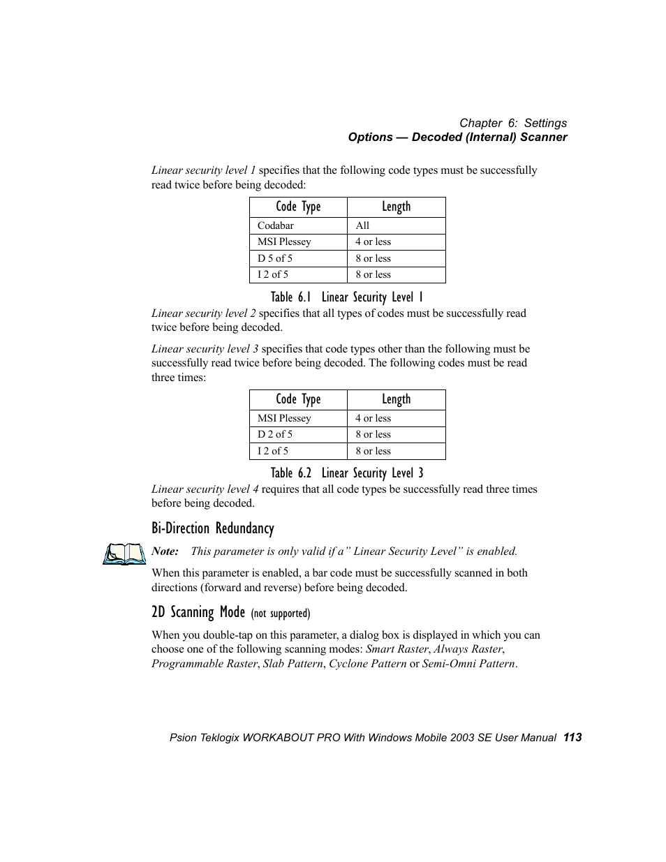 Bi-direction redundancy, 2d scanning mode, Table 6.1 linear security level 1 | Table 6.2 linear security level 3, Code type length | Psion Teklogix Schnellstart- Anleitung 7525 User Manual | Page 143 / 364