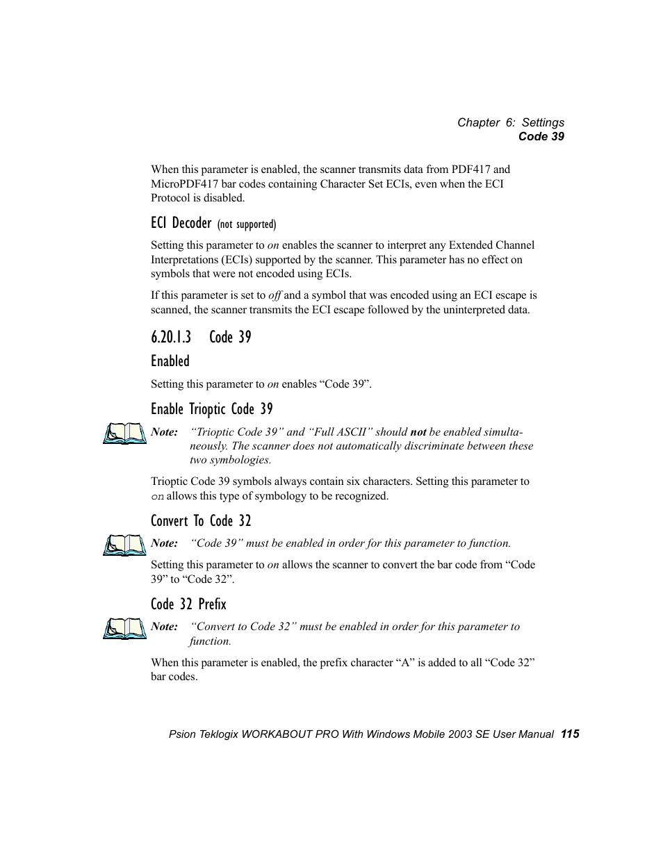 3 code 39, Eci decoder, Enabled | Enable trioptic code 39, Convert to code 32, Code 32 prefix | Psion Teklogix Schnellstart- Anleitung 7525 User Manual | Page 145 / 364