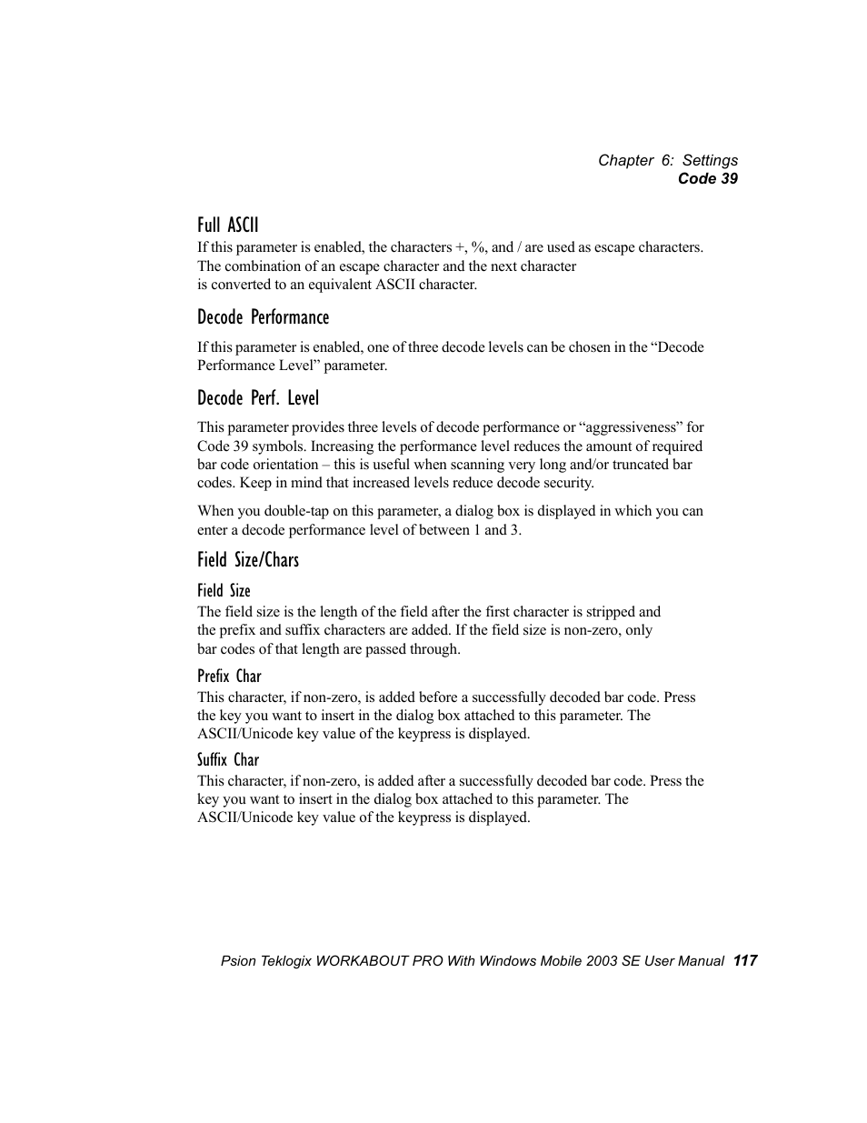 Full ascii, Decode performance, Decode perf. level | Field size/chars | Psion Teklogix Schnellstart- Anleitung 7525 User Manual | Page 147 / 364