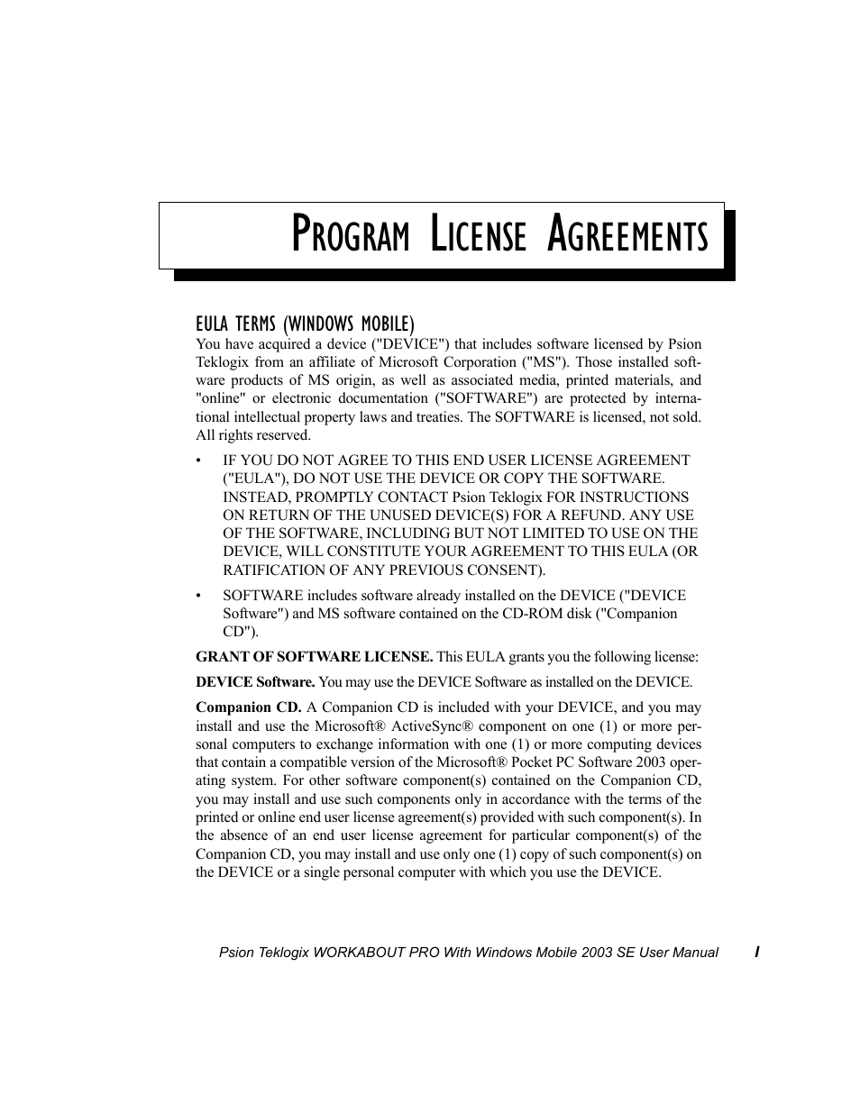 Program license agreements, Rogram, Icense | Greements | Psion Teklogix Schnellstart- Anleitung 7525 User Manual | Page 15 / 364