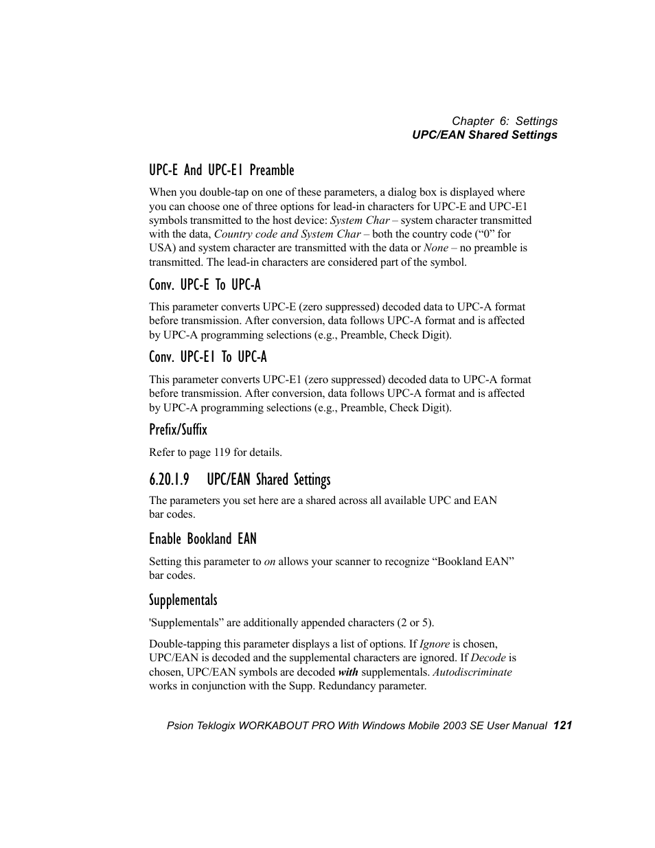 9 upc/ean shared settings, Upc-e and upc-e1 preamble, Conv. upc-e to upc-a | Conv. upc-e1 to upc-a, Prefix/suffix, Enable bookland ean, Supplementals | Psion Teklogix Schnellstart- Anleitung 7525 User Manual | Page 151 / 364