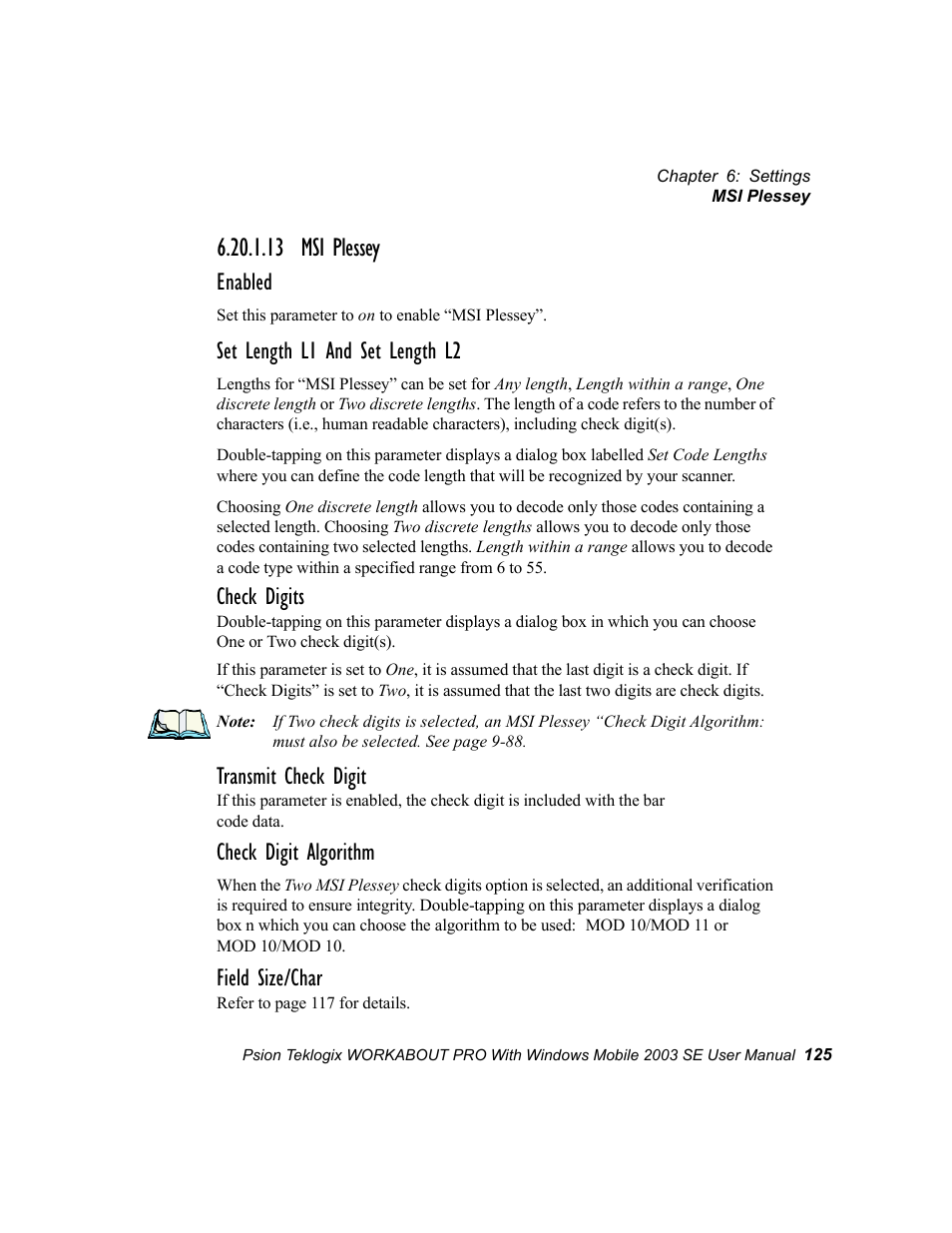 13 msi plessey, Enabled, Set length l1 and set length l2 | Check digits, Transmit check digit, Check digit algorithm, Field size/char | Psion Teklogix Schnellstart- Anleitung 7525 User Manual | Page 155 / 364