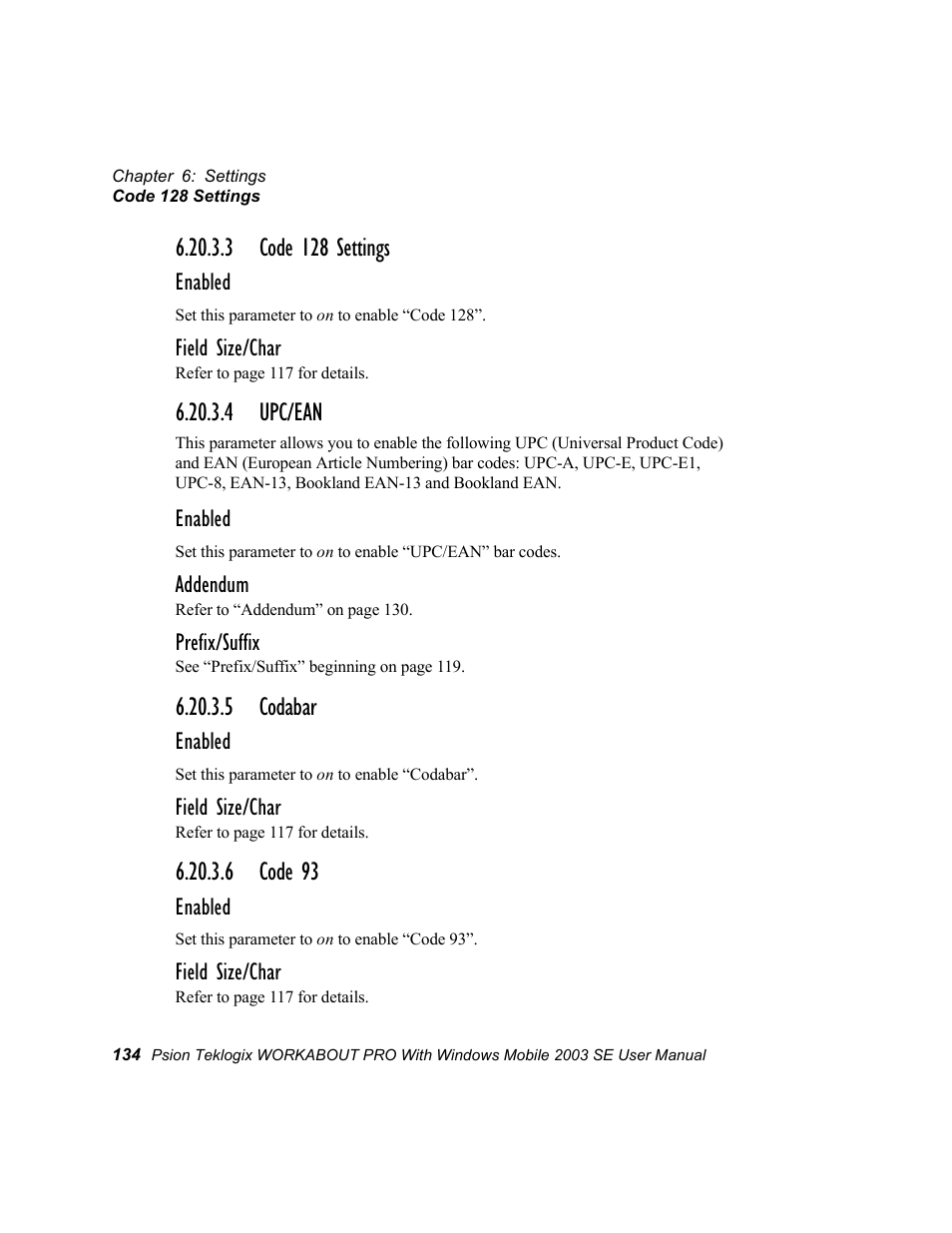 3 code 128 settings, 4 upc/ean, 5 codabar | 6 code 93 | Psion Teklogix Schnellstart- Anleitung 7525 User Manual | Page 164 / 364