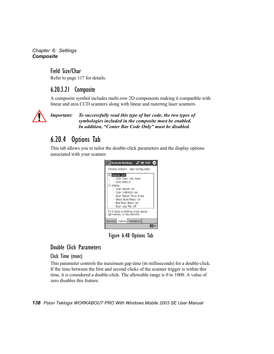 21 composite, 4 options tab, Field size/char | Double click parameters | Psion Teklogix Schnellstart- Anleitung 7525 User Manual | Page 168 / 364