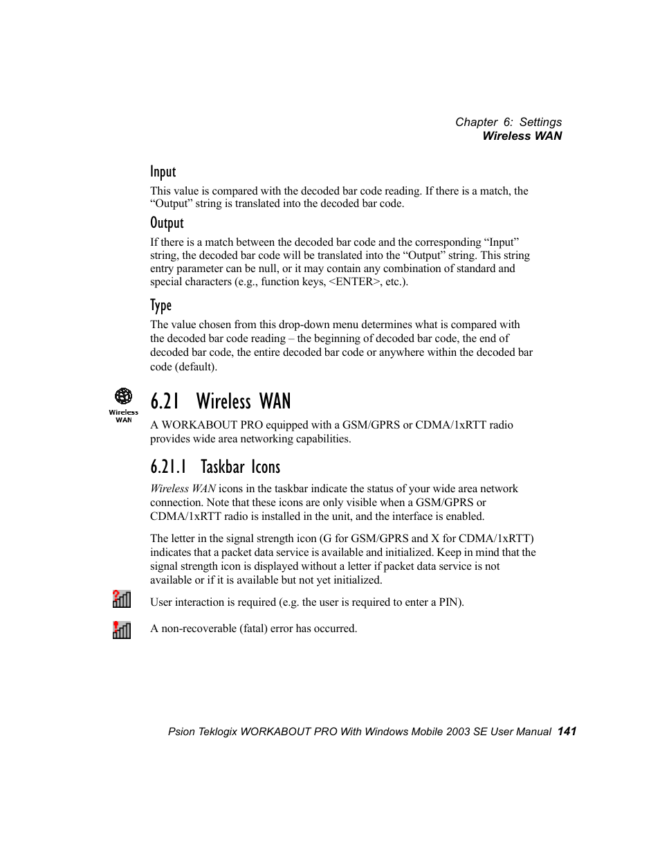 21 wireless wan, 1 taskbar icons, Input | Output, Type | Psion Teklogix Schnellstart- Anleitung 7525 User Manual | Page 171 / 364