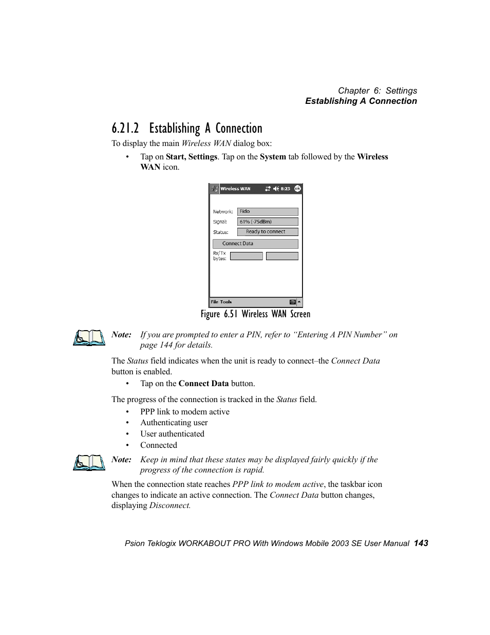 2 establishing a connection, Figure 6.51 wireless wan screen | Psion Teklogix Schnellstart- Anleitung 7525 User Manual | Page 173 / 364
