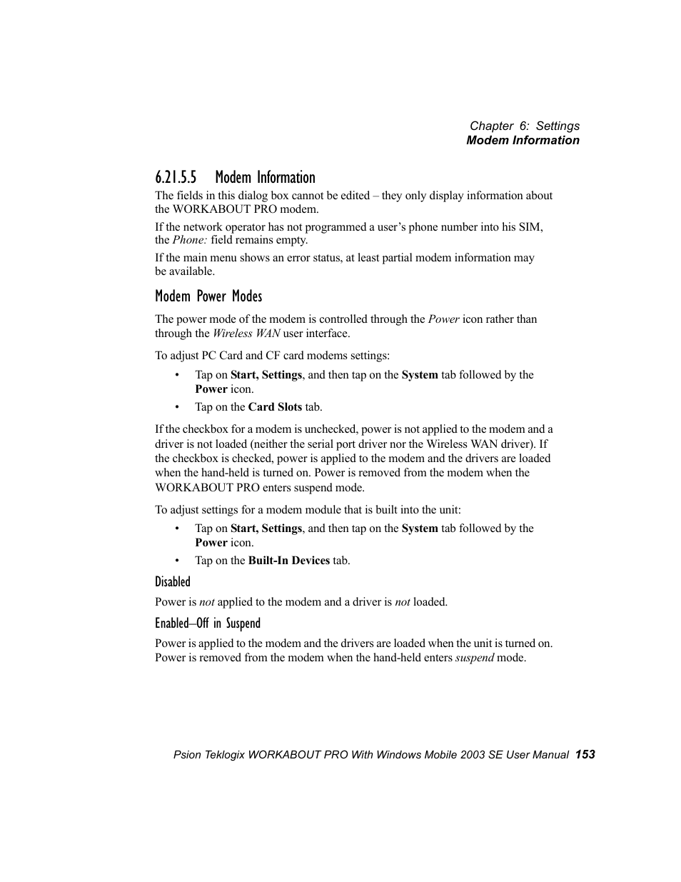 5 modem information, Modem power modes | Psion Teklogix Schnellstart- Anleitung 7525 User Manual | Page 183 / 364