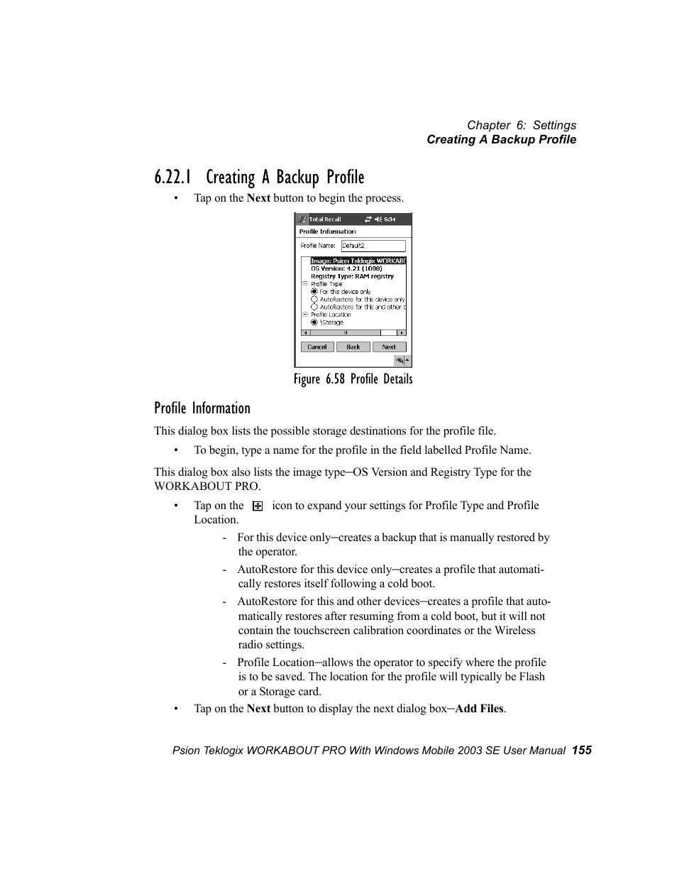 1 creating a backup profile, Profile information | Psion Teklogix Schnellstart- Anleitung 7525 User Manual | Page 185 / 364