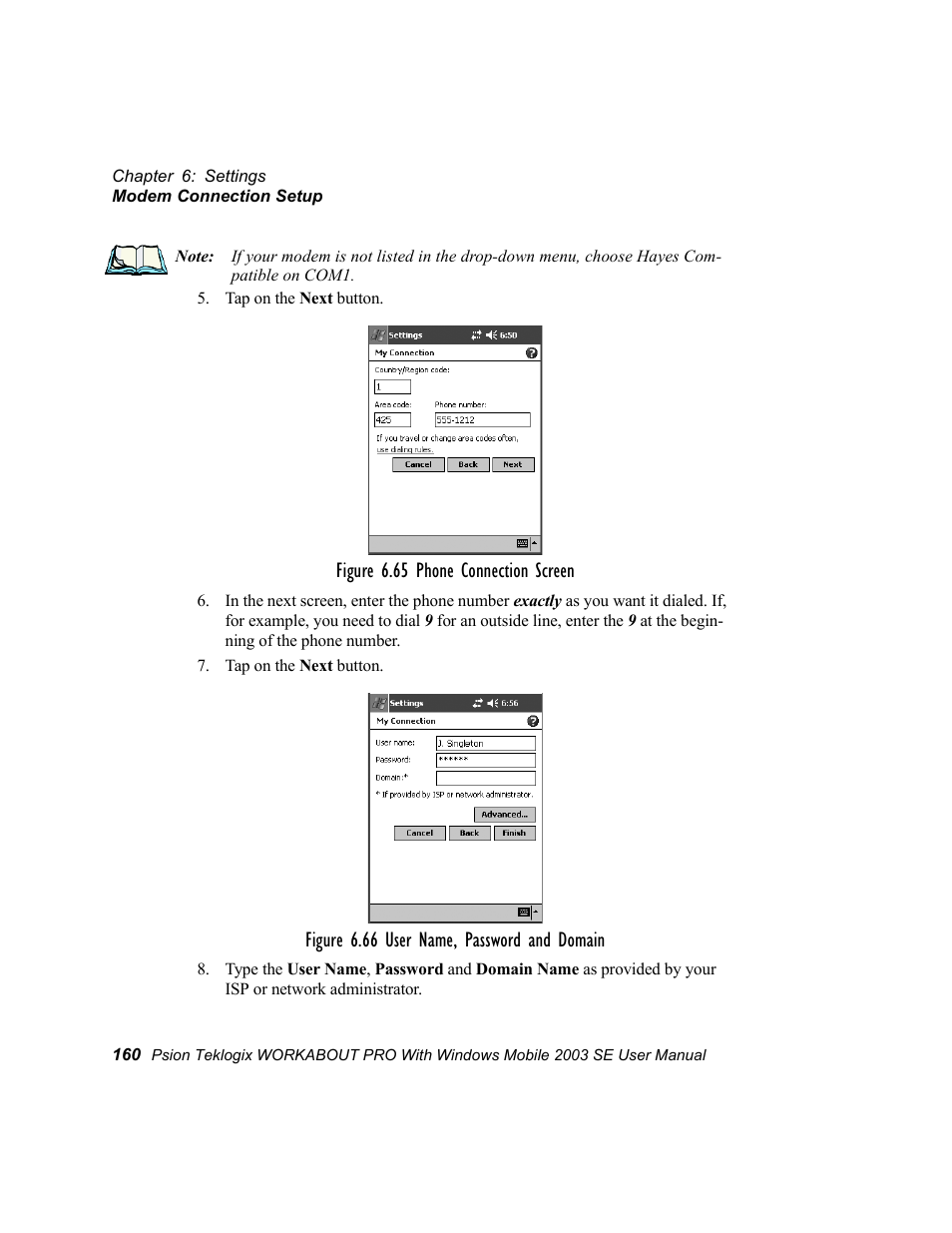 Figure 6.65 phone connection screen, Figure 6.66 user name, password and domain | Psion Teklogix Schnellstart- Anleitung 7525 User Manual | Page 190 / 364