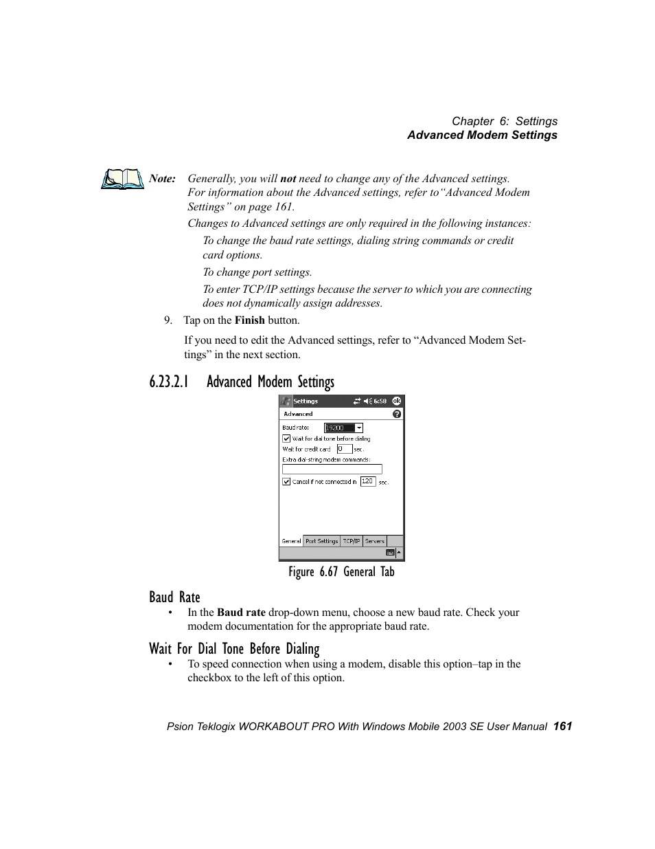 1 advanced modem settings, Baud rate, Wait for dial tone before dialing | Psion Teklogix Schnellstart- Anleitung 7525 User Manual | Page 191 / 364