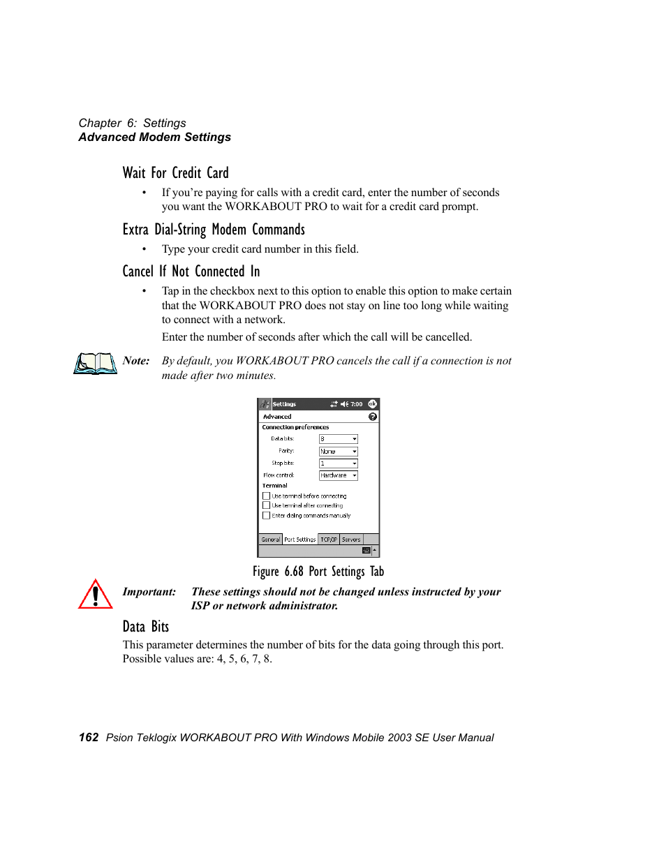 Wait for credit card, Extra dial-string modem commands, Cancel if not connected in | Data bits | Psion Teklogix Schnellstart- Anleitung 7525 User Manual | Page 192 / 364