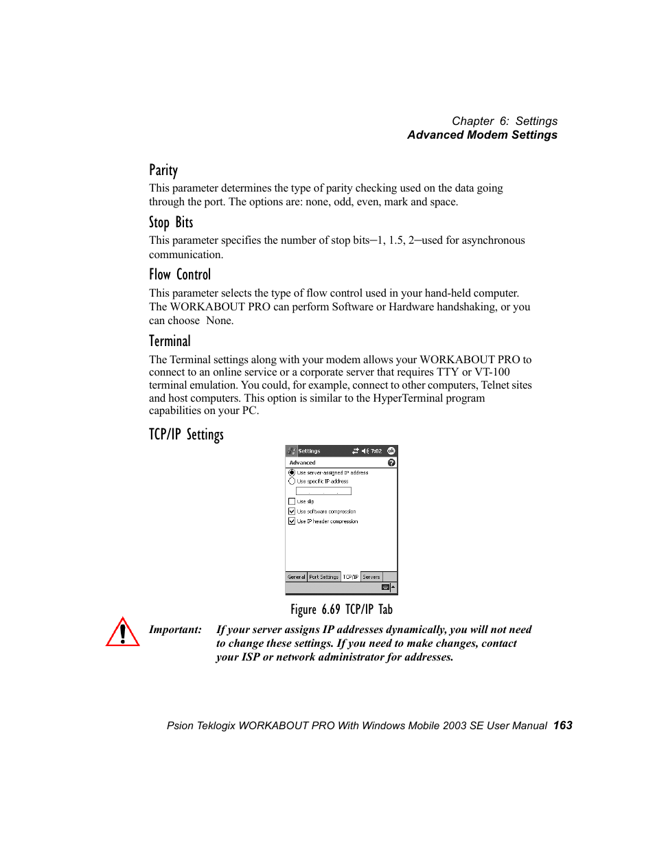 Parity, Stop bits, Flow control | Terminal, Tcp/ip settings | Psion Teklogix Schnellstart- Anleitung 7525 User Manual | Page 193 / 364