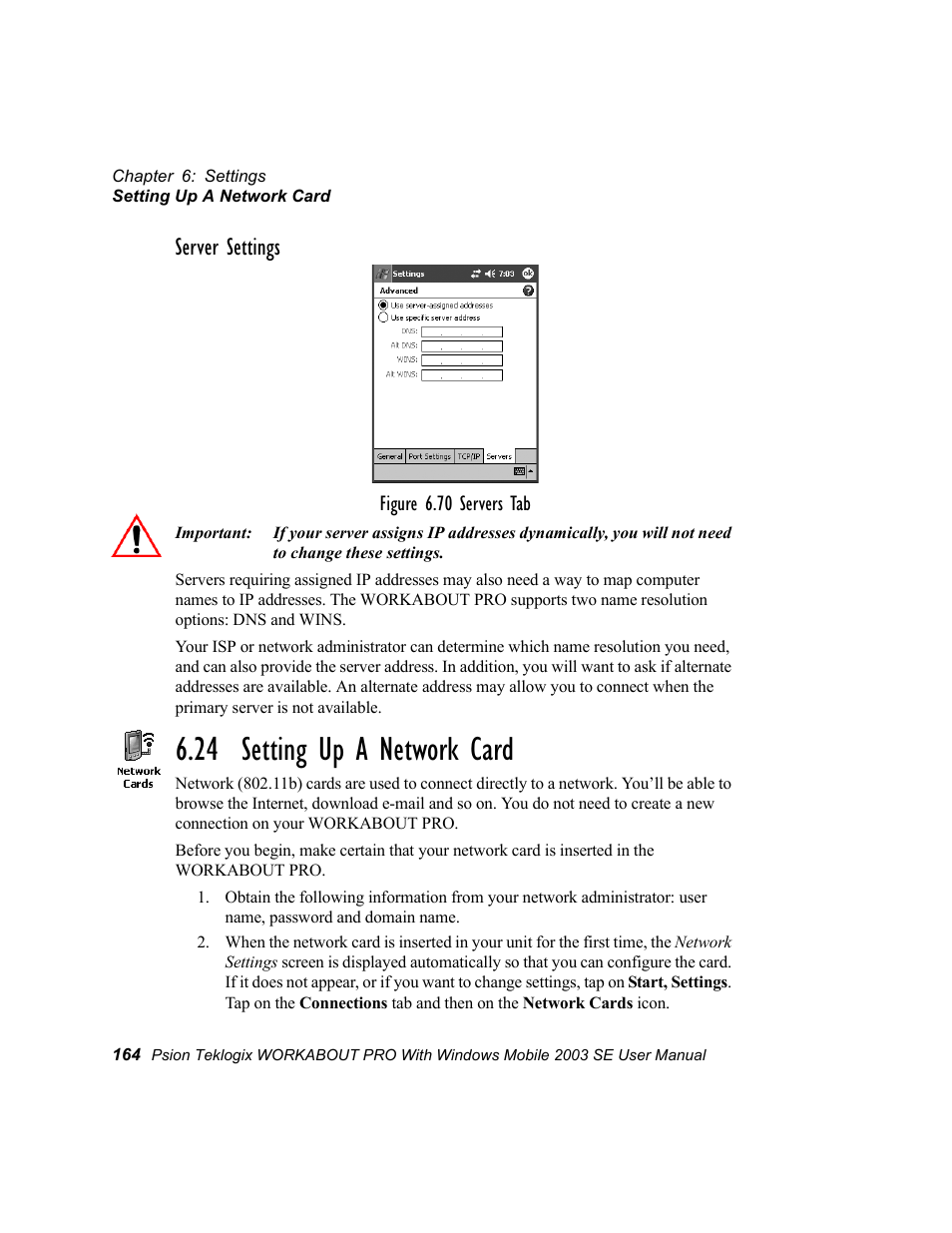 24 setting up a network card, Server settings | Psion Teklogix Schnellstart- Anleitung 7525 User Manual | Page 194 / 364