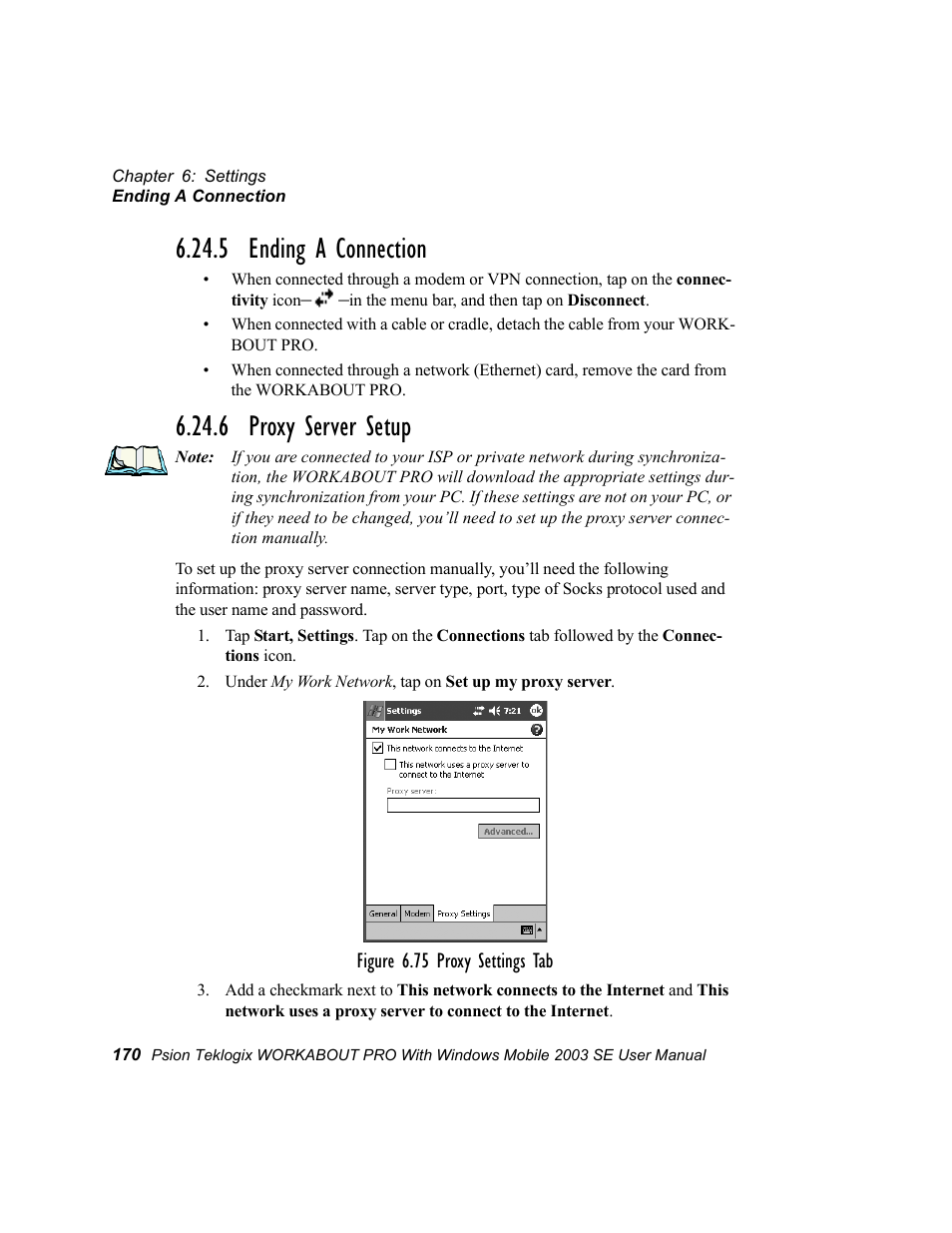 5 ending a connection, 6 proxy server setup, 5 ending a connection 6.24.6 proxy server setup | Psion Teklogix Schnellstart- Anleitung 7525 User Manual | Page 200 / 364