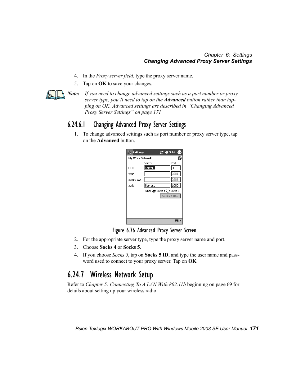 1 changing advanced proxy server settings, 7 wireless network setup | Psion Teklogix Schnellstart- Anleitung 7525 User Manual | Page 201 / 364