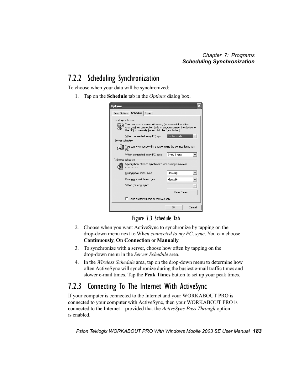 2 scheduling synchronization, 3 connecting to the internet with activesync | Psion Teklogix Schnellstart- Anleitung 7525 User Manual | Page 213 / 364