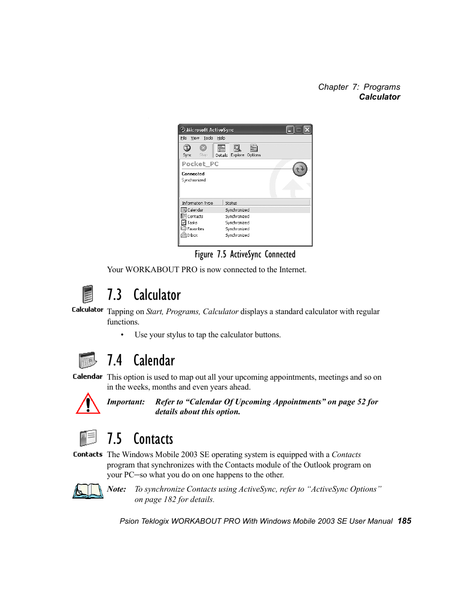 3 calculator, 4 calendar, 5 contacts | 3 calculator 7.4 calendar 7.5 contacts | Psion Teklogix Schnellstart- Anleitung 7525 User Manual | Page 215 / 364