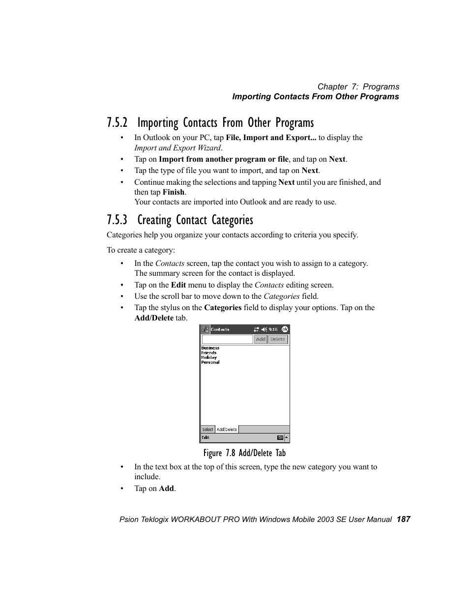 2 importing contacts from other programs, 3 creating contact categories | Psion Teklogix Schnellstart- Anleitung 7525 User Manual | Page 217 / 364