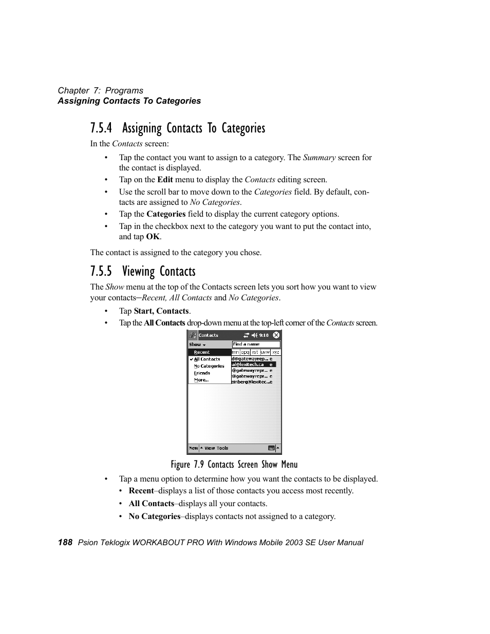 4 assigning contacts to categories, 5 viewing contacts | Psion Teklogix Schnellstart- Anleitung 7525 User Manual | Page 218 / 364