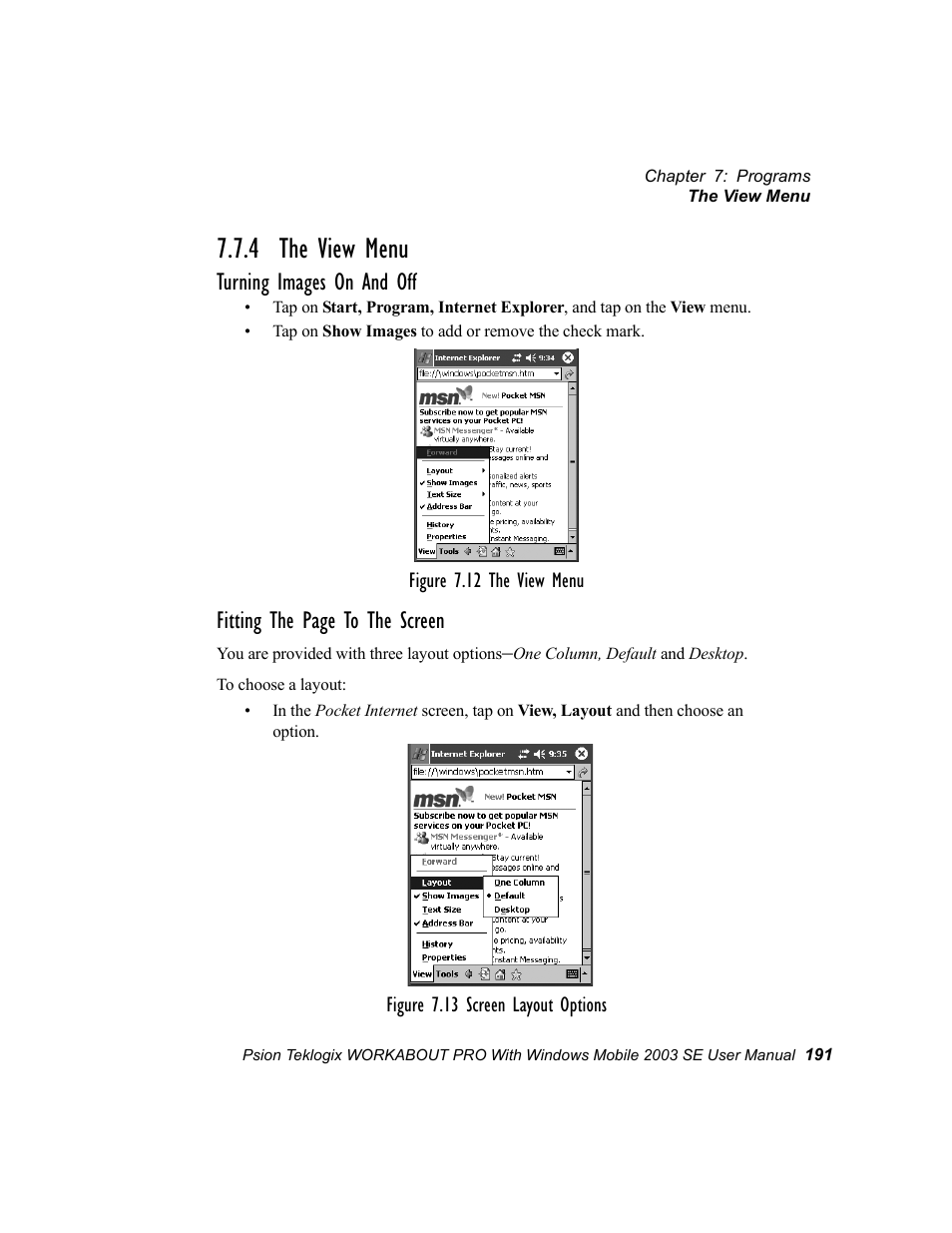 4 the view menu, Turning images on and off, Fitting the page to the screen | Psion Teklogix Schnellstart- Anleitung 7525 User Manual | Page 221 / 364