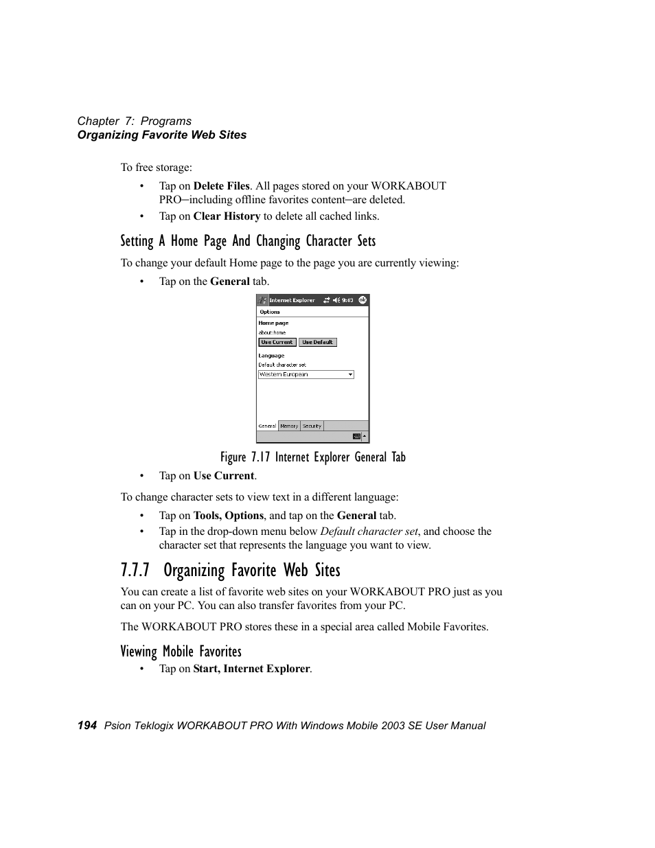 7 organizing favorite web sites, Setting a home page and changing character sets, Viewing mobile favorites | Psion Teklogix Schnellstart- Anleitung 7525 User Manual | Page 224 / 364