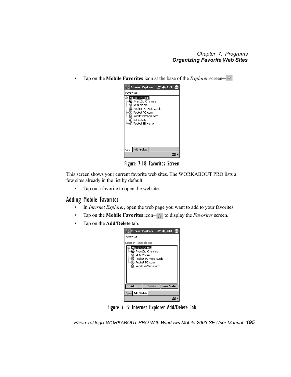Adding mobile favorites | Psion Teklogix Schnellstart- Anleitung 7525 User Manual | Page 225 / 364