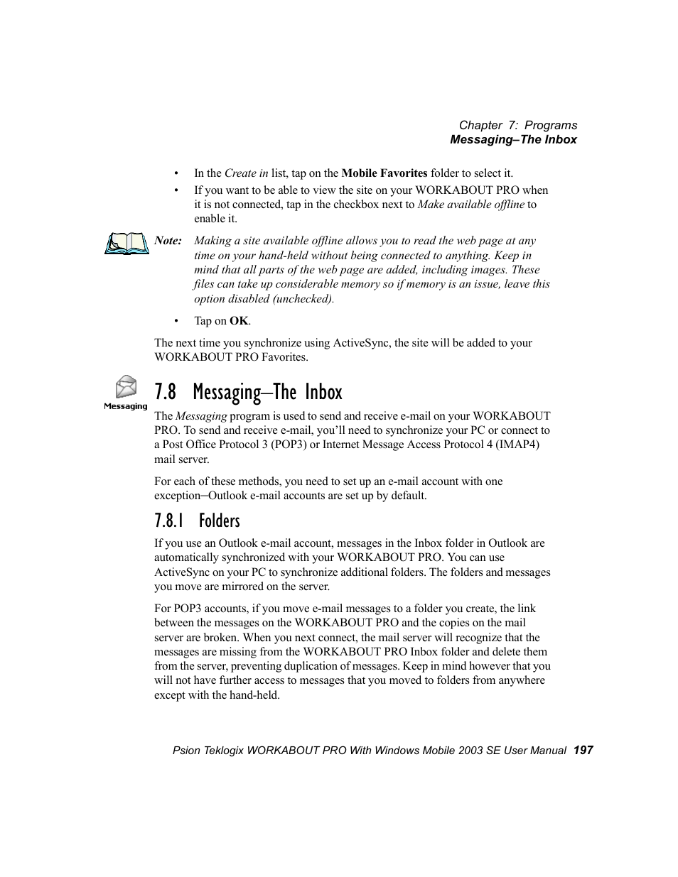 8 messaging-the inbox, 1 folders, 8 messaging–the inbox | Psion Teklogix Schnellstart- Anleitung 7525 User Manual | Page 227 / 364