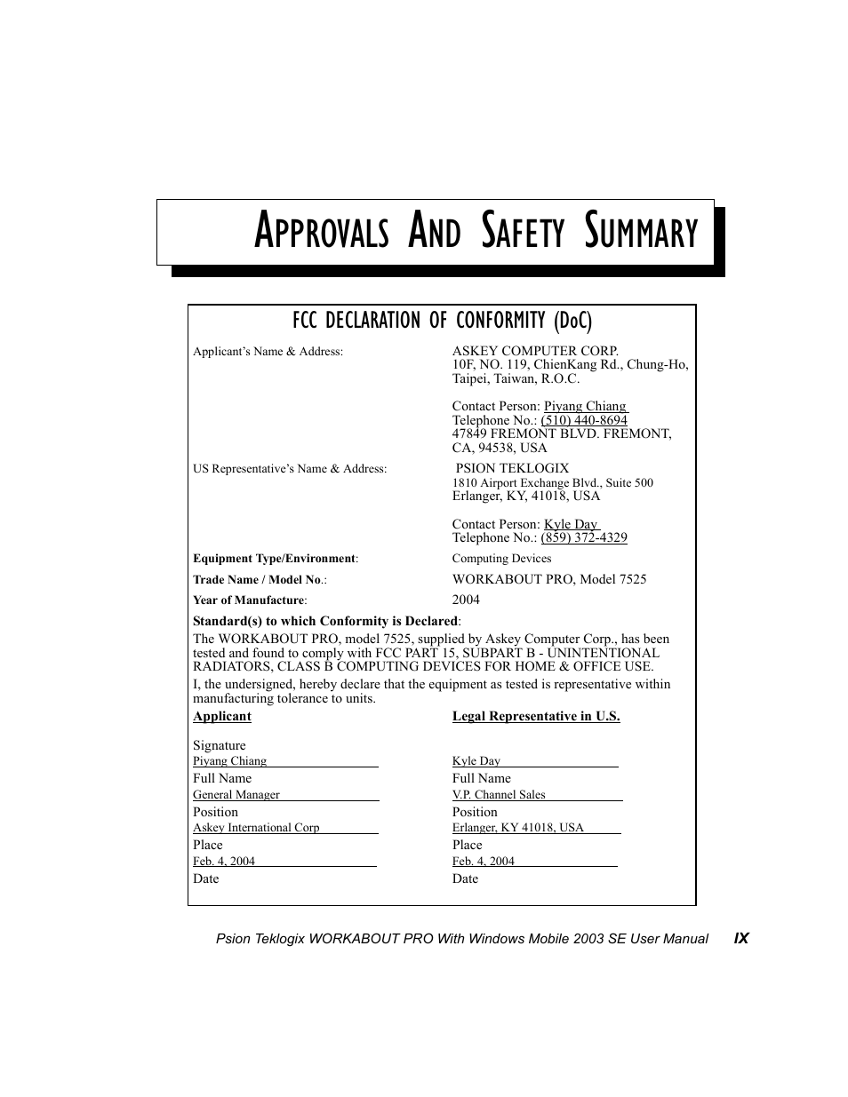 Approvals and safety summary, Pprovals, Afety | Ummary, Fcc declaration of conformity (doc) | Psion Teklogix Schnellstart- Anleitung 7525 User Manual | Page 23 / 364