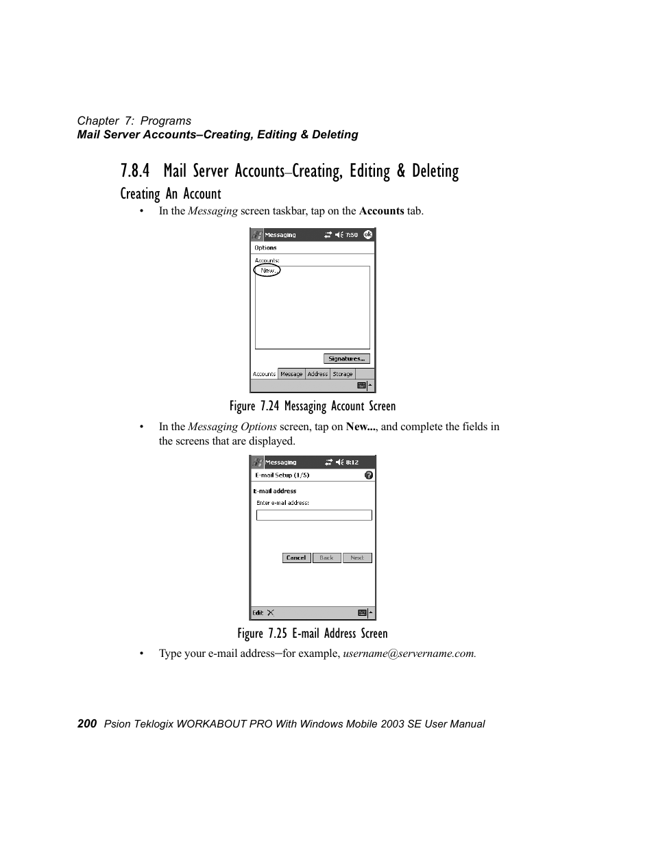 4 mail server accounts, Creating, editing & deleting, Creating an account | Psion Teklogix Schnellstart- Anleitung 7525 User Manual | Page 230 / 364