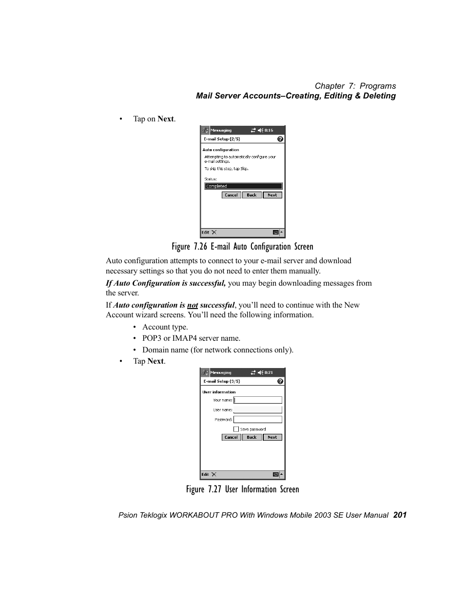 Figure 7.26 e-mail auto configuration screen, Figure 7.27 user information screen | Psion Teklogix Schnellstart- Anleitung 7525 User Manual | Page 231 / 364