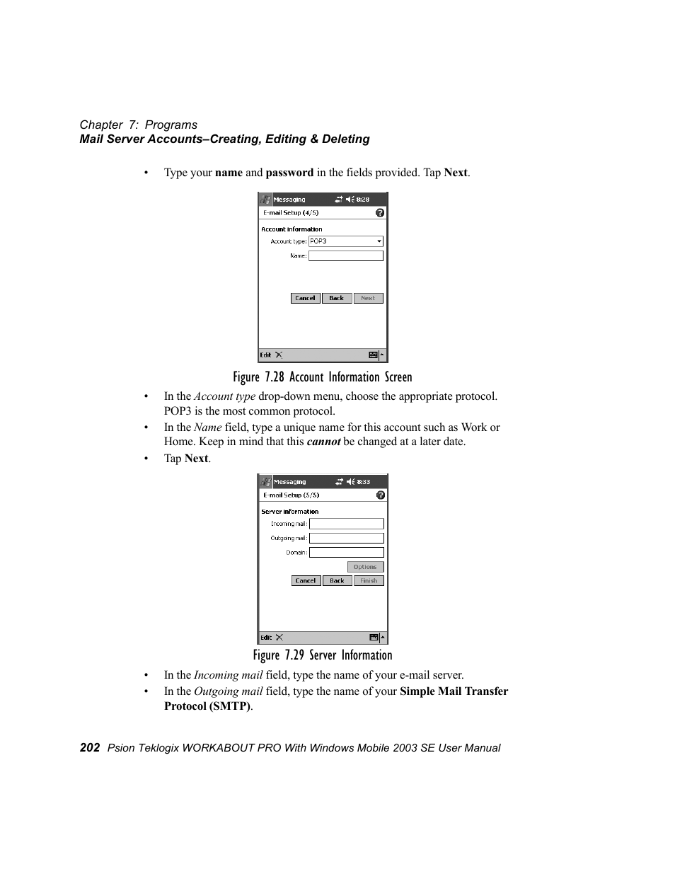 Figure 7.28 account information screen, Figure 7.29 server information | Psion Teklogix Schnellstart- Anleitung 7525 User Manual | Page 232 / 364